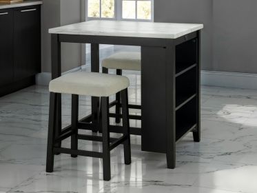 Dining Room Transitional 3pc Dining Set Gloss Table Top w Storage Shelves Side 2x Stools Black Ivory White