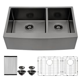 36 Inch Gunmetal Black Farmhouse Sink 16 Gauge Kitchen Sink Apron Front Double Bowl 50/50 Stainless Steel Sink