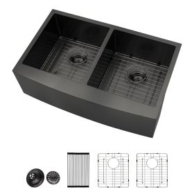 33"x21" Gunmetal Black Farmhouse Apron Stainless Steel Kitchen Sink,16 Gauge Apron Front Double Bowl 50/50 Kitchen Sink with Bottom Grid