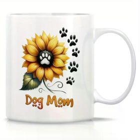 1pc Ceramic Coffee Mug 11oz - Double-Sided Sunflower & Paw Print Design, "Dog Mom" Inscription, Perfect for Office