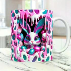 1pc 11oz Easter Bunny 3D Ceramic Mug – Vibrant Pink with Colorful Eggs & Dripping Icing Design, Insulated Coffee Cup