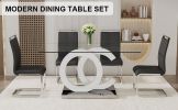 Table and chair set.63"x35.4 Rectangular Transprant Tempered glass Dining Tabletop with White MDF OC shaped bracket.Paried with 4 Black high-quality P