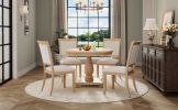 TREXM 5-Piece Retro Dining Set, Round Table with Pedestal Table Base and 4 Upholstered Chairs for Dining Room and Kitchen (Natural Wood Wash)