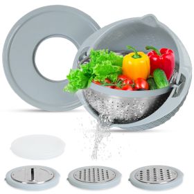 Multifunctional Mixing Bowl with Lid Set 3 Replaceable Graters Food Strainer and Colander Fruit Vegetable Washing Basket Stainless Steel (Option: Colander(Beige))