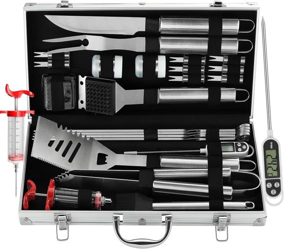 Grilljoy 24PCS BBQ Grill Tools Set With Meat Thermometer And Injector - Extra Thick Stainless Steel Fork, Spatula& Tongs - Complete BBQ Accessori