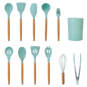 11Pcs Silicone Cooking Utensil Set Heat Resist Wooden Handle Silicone Spatula Turner Ladle Spaghetti Server Tongs Spoon Egg Whish Kitchenware Set w/ H (Option: UtensilSet(Black))